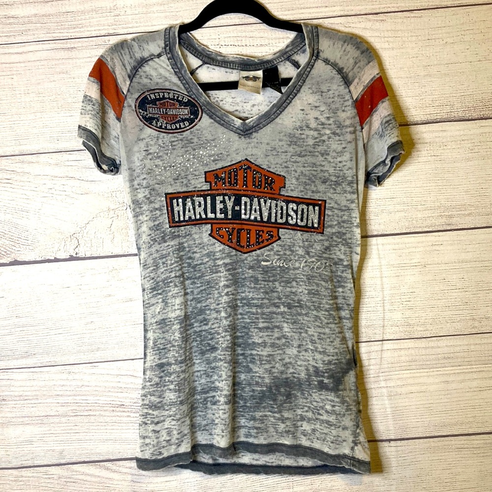 Harley Davidson Graphic V Neck Tee T Shirt with sequins   Size Small